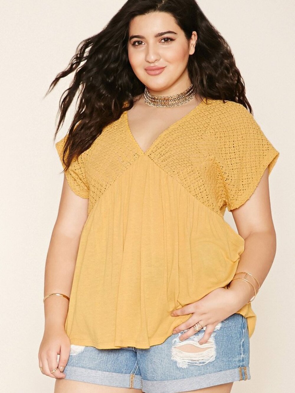 FOREVER 21+ Plus Mustard Lace Crochet KNit Top 2X
